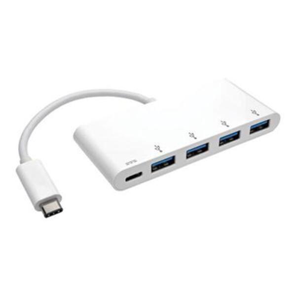 Two Tripp Lite 4-Port USB 3.1 Gen 1 Portable Hubs, USB-C to (x4) USB-A, with USB-C Charging Port on a white surface.