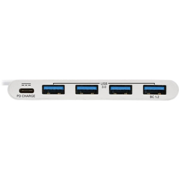 Two Tripp Lite 4-Port USB 3.1 Gen 1 Portable Hubs, USB-C to (x4) USB-A, with USB-C Charging Port on a white surface.