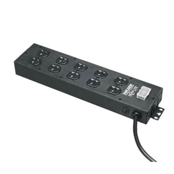 A Tripp Lite Waber power strip with ten outlets.