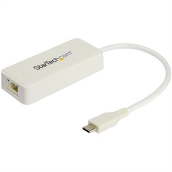 A StarTech.com USB C to Gigabit Ethernet Adapter with USB A Port - White 1Gbps NIC USB 3.0/3.1 Type C to RJ45 Port/LAN Network Adapter TB3 on a white background.