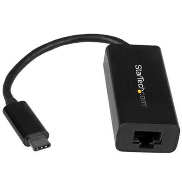 A black StarTech.com USB C to Gigabit Ethernet Adapter - Thunderbolt 3 - 10/100/1000Mbps adapter on a white background.