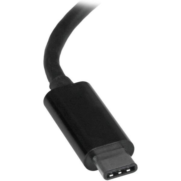 A black StarTech.com USB C to Gigabit Ethernet Adapter - Thunderbolt 3 - 10/100/1000Mbps adapter on a white background.