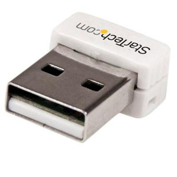 A white StarTech.com USB 150Mbps Mini Wireless N Network Adapter - 802.11n/g 1T1R USB WiFi Adapter with a logo on it.