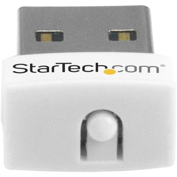 A white StarTech.com USB 150Mbps Mini Wireless N Network Adapter - 802.11n/g 1T1R USB WiFi Adapter with a logo on it.