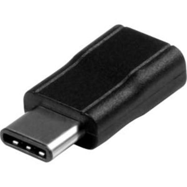 A black StarTech.com USB C to USB Micro B - USB Type C to USB M / F - USB 2.0 - USB C Connector - USB-C to USB Micro B Adapter on a white background.
