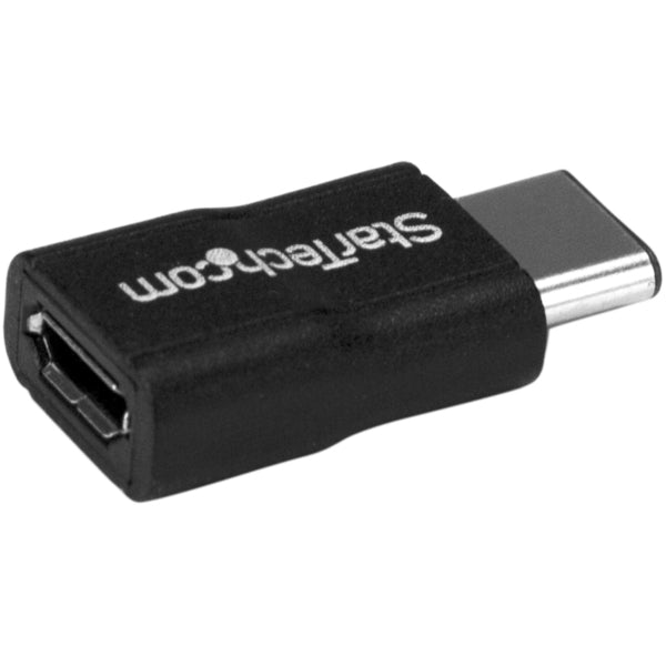 A black StarTech.com USB C to USB Micro B - USB Type C to USB M / F - USB 2.0 - USB C Connector - USB-C to USB Micro B Adapter on a white background.