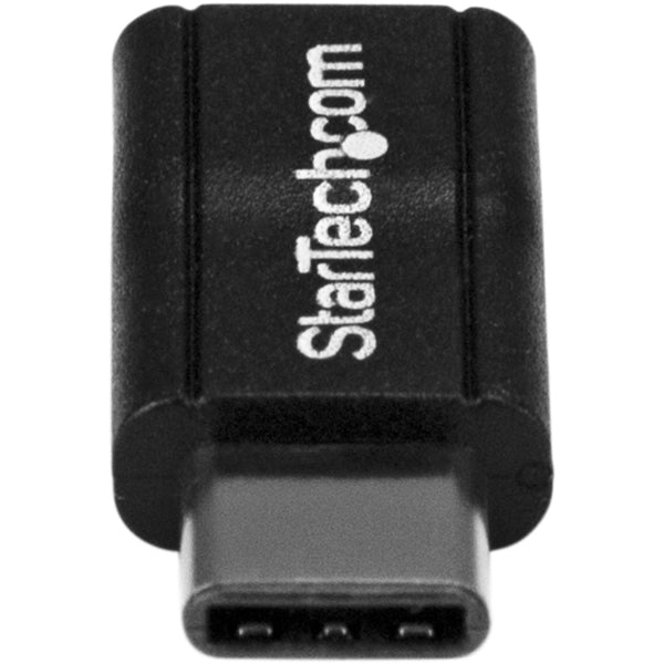 A black StarTech.com USB C to USB Micro B - USB Type C to USB M / F - USB 2.0 - USB C Connector - USB-C to USB Micro B Adapter on a white background.