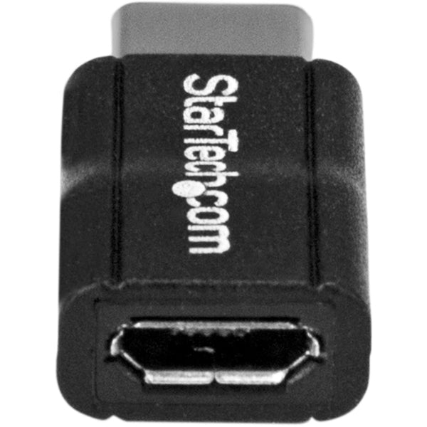 A black StarTech.com USB C to USB Micro B - USB Type C to USB M / F - USB 2.0 - USB C Connector - USB-C to USB Micro B Adapter on a white background.