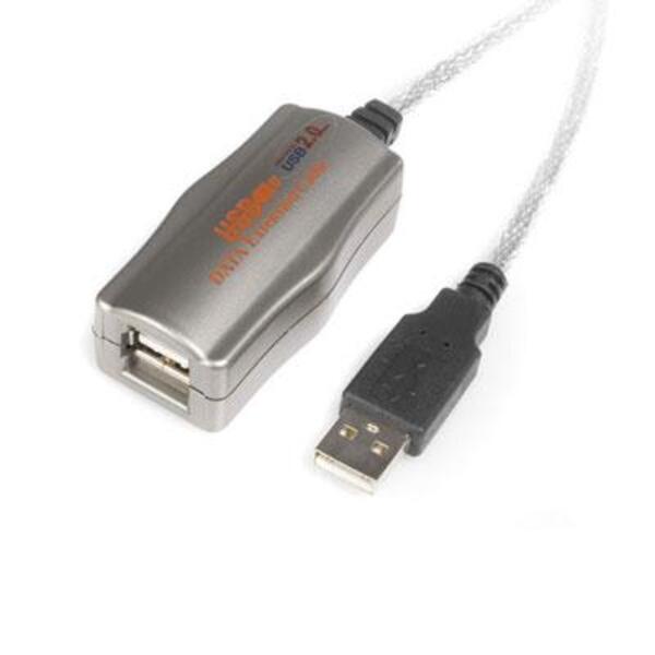 A StarTech.com 15 ft USB 2.0 Active Extension Cable - M/F connected to a computer via an active extension cable.