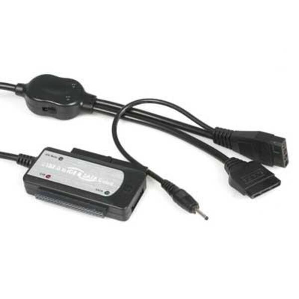 A StarTech.com USB 2.0 to SATA/IDE Combo Adapter for 2.5/3.5" SSD/HDD with a cable attached to it.