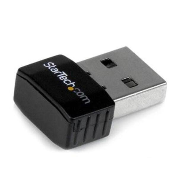 A black StarTech.com USB 2.0 300 Mbps Mini Wireless-N Network Adapter - 802.11n 2T2R WiFi Adapter on a white background.