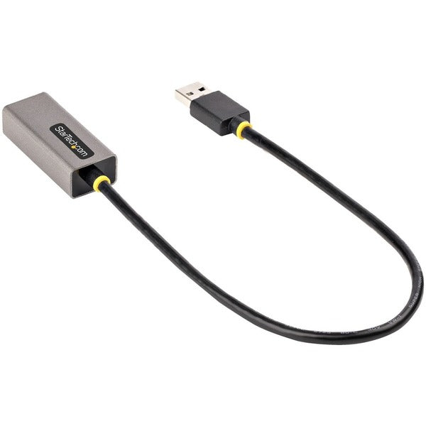 A StarTech.com USB to Ethernet Adapter, USB 3.0 to 10/100/1000 Gigabit Ethernet LAN Adapter with an 11.8in/30cm Attached Cable and a USB to RJ45 Adapter attached to it.