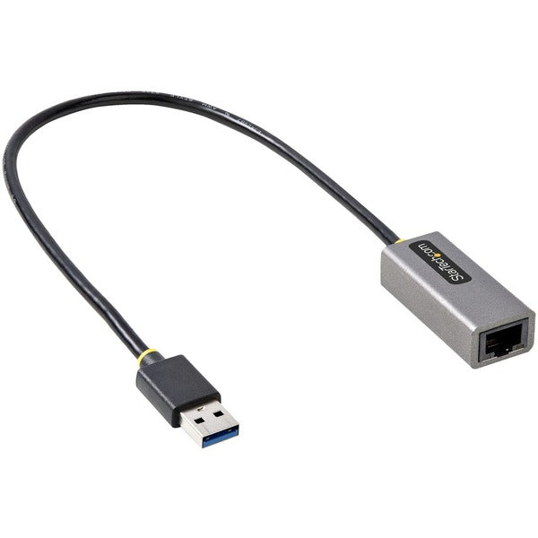 A StarTech.com USB to Ethernet Adapter, USB 3.0 to 10/100/1000 Gigabit Ethernet LAN Adapter with an 11.8in/30cm Attached Cable and a USB to RJ45 Adapter attached to it.