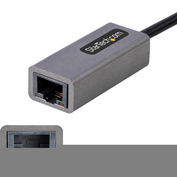 A StarTech.com USB to Ethernet Adapter, USB 3.0 to 10/100/1000 Gigabit Ethernet LAN Adapter with an 11.8in/30cm Attached Cable and a USB to RJ45 Adapter attached to it.