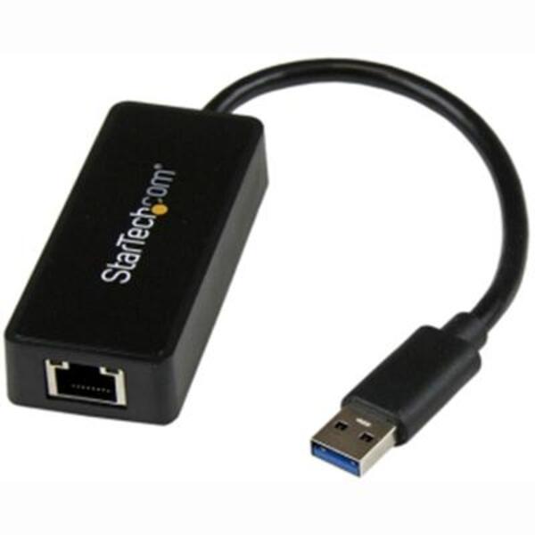 A StarTech.com USB 3.0 to Gigabit Ethernet Adapter NIC w/ USB Port - Black connected to a computer.