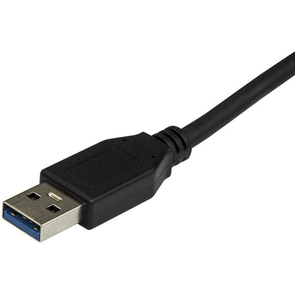 A black StarTech.com 0.5 m USB to USB C Cable - M/M - USB 3.1 (10Gbps) - USB A to USB C Cable - USB 3.1 Type C Cable connected to a white background.