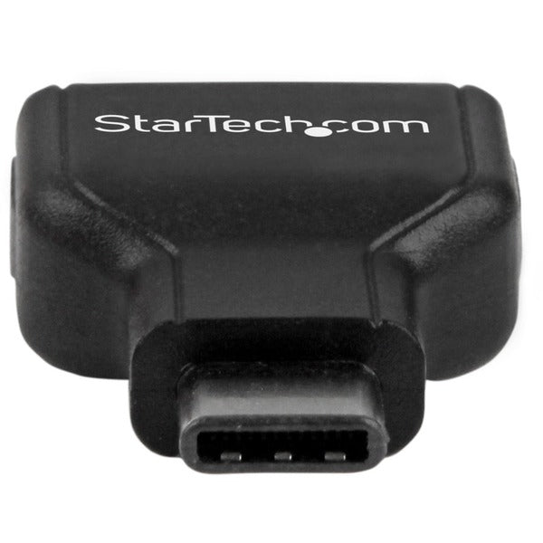 A black StarTech.com USB-C to USB Adapter - USB-C to USB-A - USB 3.1 Gen 1 - 5Gbps - USB C Adapter - USB Type C on a white background.