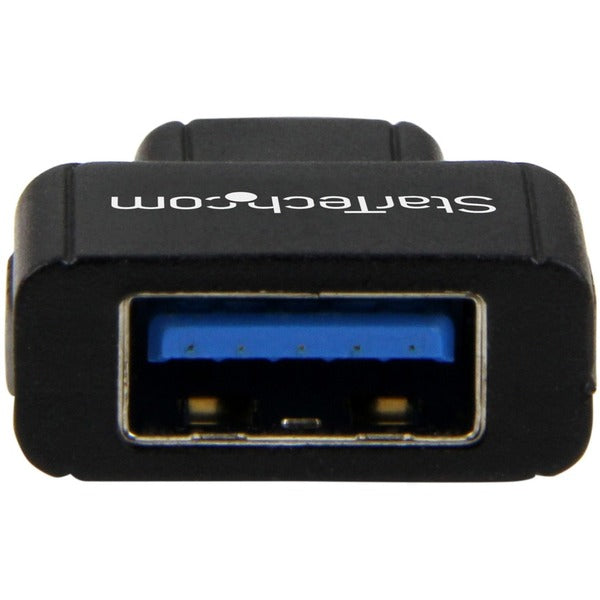 A black StarTech.com USB-C to USB Adapter - USB-C to USB-A - USB 3.1 Gen 1 - 5Gbps - USB C Adapter - USB Type C on a white background.