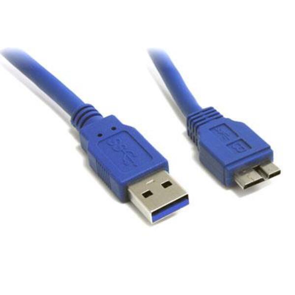 A blue StarTech.com 1 ft SuperSpeed USB 3.0 Cable A to Micro B connected to a white surface.
