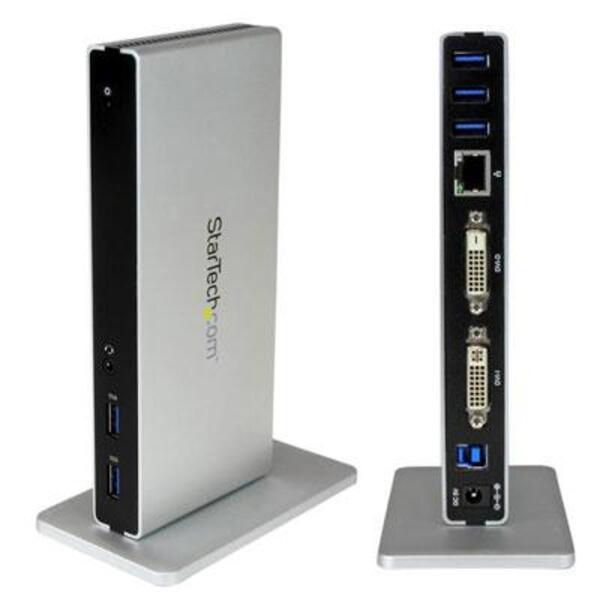 Two StarTech.com USB 3.0 Docking Stations - Compatible with Windows / macOS - Dual DVI Docking Stations Supports Dual Monitors - DVI to HDMI and DVI to VGA Adapters Included - USB3SDOCKDD, on a stand next to each other.