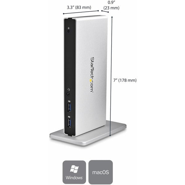 Two StarTech.com USB 3.0 Docking Stations - Compatible with Windows / macOS - Dual DVI Docking Stations Supports Dual Monitors - DVI to HDMI and DVI to VGA Adapters Included - USB3SDOCKDD, on a stand next to each other.