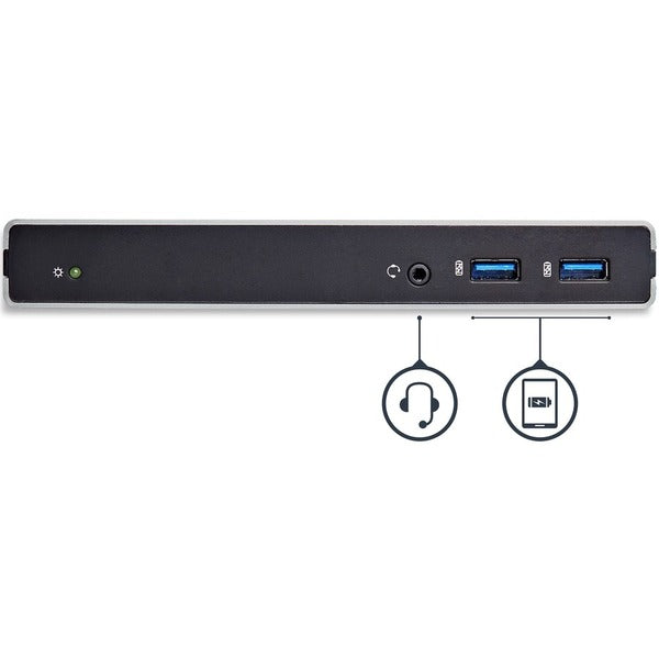 Two StarTech.com USB 3.0 Docking Stations - Compatible with Windows / macOS - Dual DVI Docking Stations Supports Dual Monitors - DVI to HDMI and DVI to VGA Adapters Included - USB3SDOCKDD, on a stand next to each other.