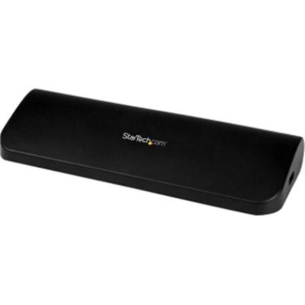 A black StarTech.com USB 3.0 Docking Station - Compatible with Windows / macOS - Supports Dual Displays - HDMI and DVI - DVI to VGA Adapter Included - USB3SDOCKHD with a black logo on it.
