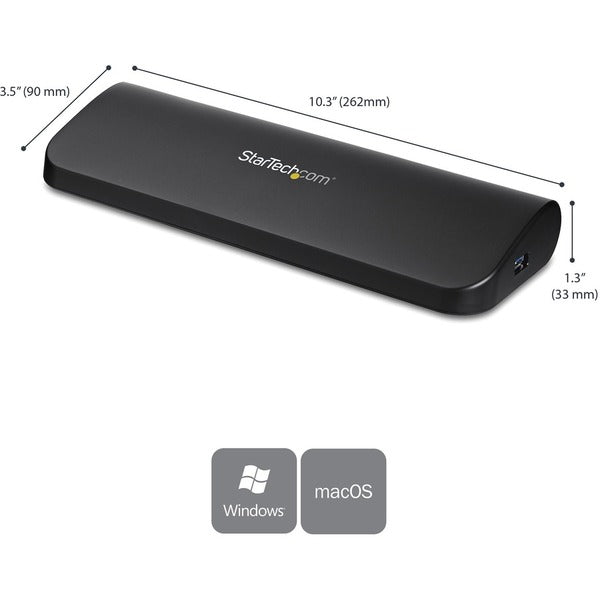 A black StarTech.com USB 3.0 Docking Station - Compatible with Windows / macOS - Supports Dual Displays - HDMI and DVI - DVI to VGA Adapter Included - USB3SDOCKHD with a black logo on it.