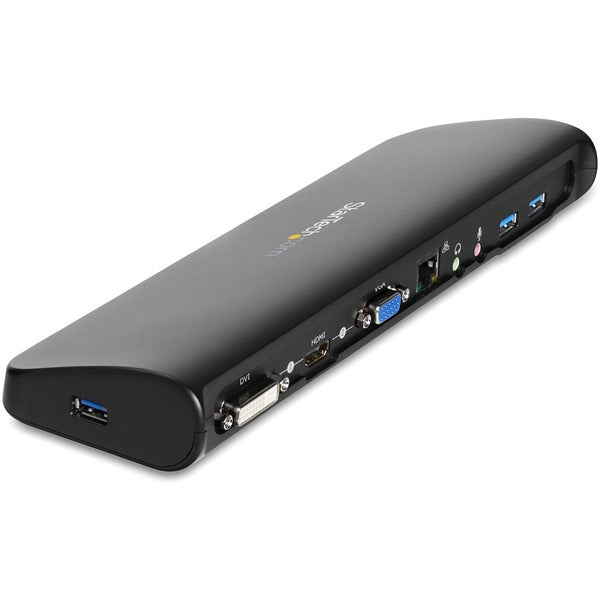A black StarTech.com USB 3.0 Docking Station - Compatible with Windows / macOS - Supports Dual Displays - HDMI and DVI - DVI to VGA Adapter Included - USB3SDOCKHD with a black logo on it.