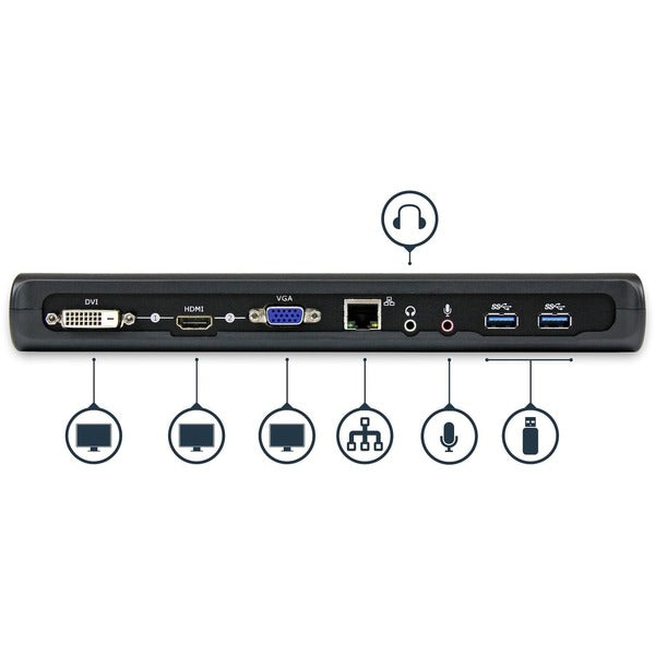 A black StarTech.com USB 3.0 Docking Station - Compatible with Windows / macOS - Supports Dual Displays - HDMI and DVI - DVI to VGA Adapter Included - USB3SDOCKHD with a black logo on it.