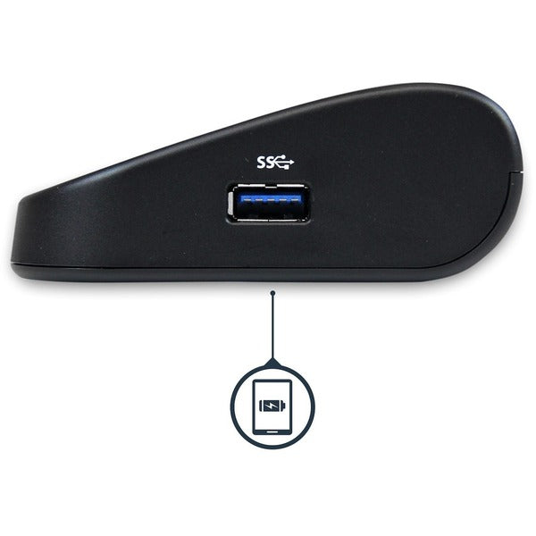 A black StarTech.com USB 3.0 Docking Station - Compatible with Windows / macOS - Supports Dual Displays - HDMI and DVI - DVI to VGA Adapter Included - USB3SDOCKHD with a black logo on it.