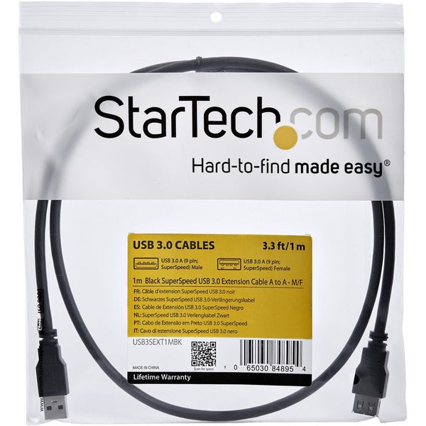 Two StarTech.com 1m Black SuperSpeed USB 3.0 Extension Cables, male to female, connected to each other to create a SuperSpeed connection.
