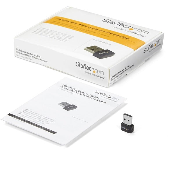 A black StarTech.com USB WiFi Adapter - AC600 - Dual-Band Nano USB Wireless Network Adapter - 1T1R 802.11ac Wi-Fi Adapter - 2.4GHz / 5GHz with the word startech on it.