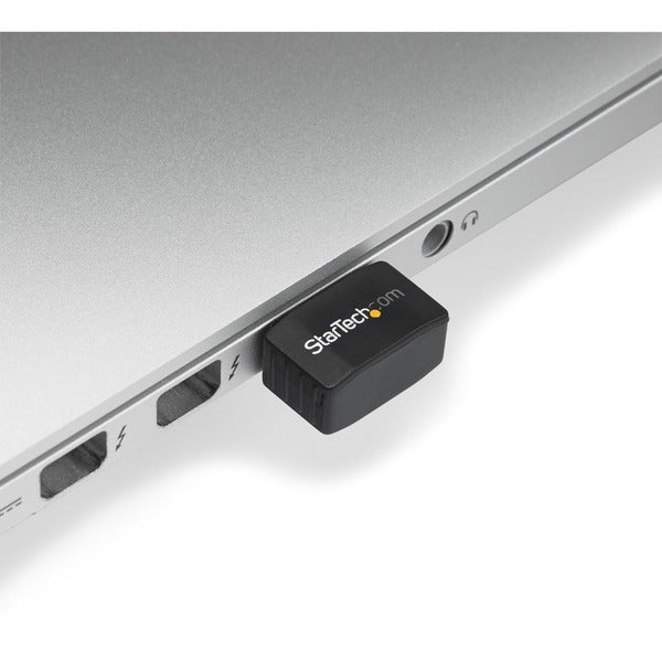 A black StarTech.com USB WiFi Adapter - AC600 - Dual-Band Nano USB Wireless Network Adapter - 1T1R 802.11ac Wi-Fi Adapter - 2.4GHz / 5GHz with the word startech on it.