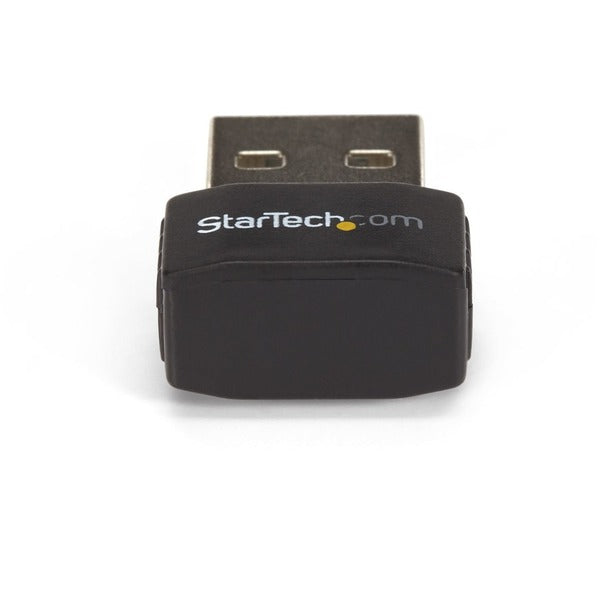 A black StarTech.com USB WiFi Adapter - AC600 - Dual-Band Nano USB Wireless Network Adapter - 1T1R 802.11ac Wi-Fi Adapter - 2.4GHz / 5GHz with the word startech on it.