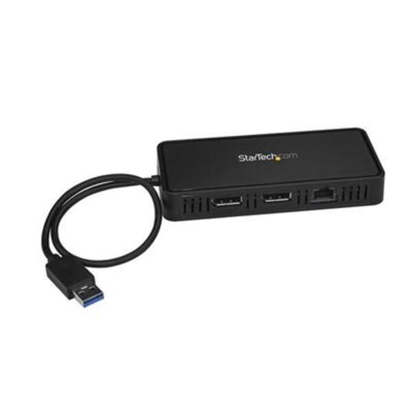 A StarTech.com USB 3.0 Mini Dock - Dual Monitor USB Type-A Laptop Docking Station - DisplayPort 4K 60Hz &amp; Gigabit Ethernet - 1' (30cm) cable connected to a computer.