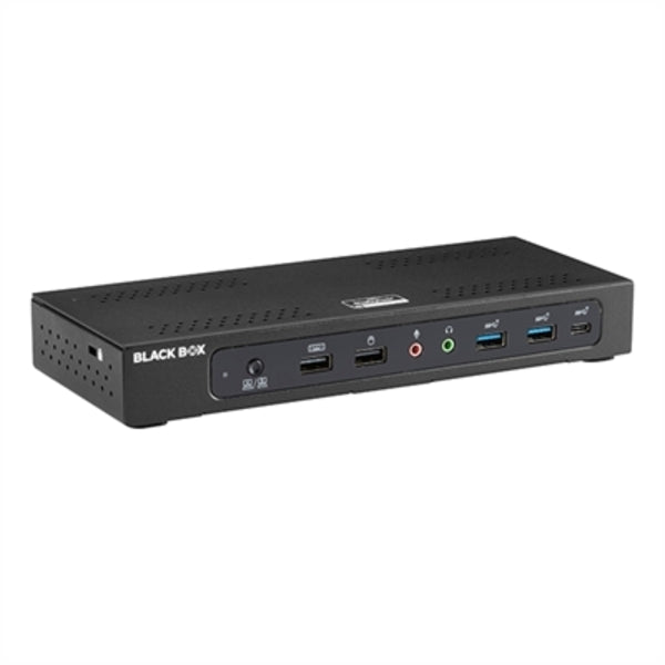 A black USB-C 4K Dual Docking Station with two usb ports and a hdmi port.