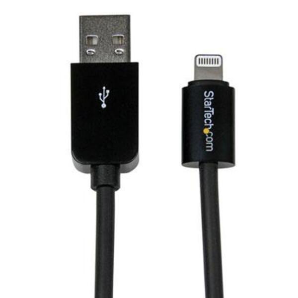 A black StarTech.com 1m (3ft) Black Apple 8-pin Lightning Connector to USB Cable connected to an iphone.