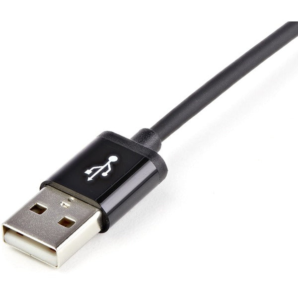 A black StarTech.com 1m (3ft) Black Apple 8-pin Lightning Connector to USB Cable connected to an iphone.