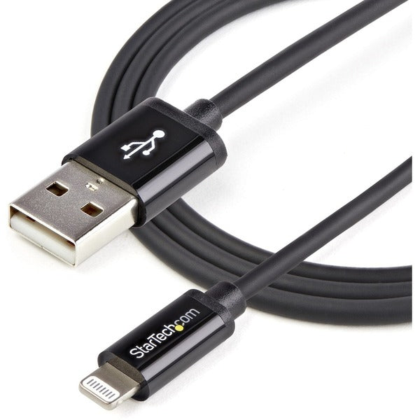 A black StarTech.com 1m (3ft) Black Apple 8-pin Lightning Connector to USB Cable connected to an iphone.