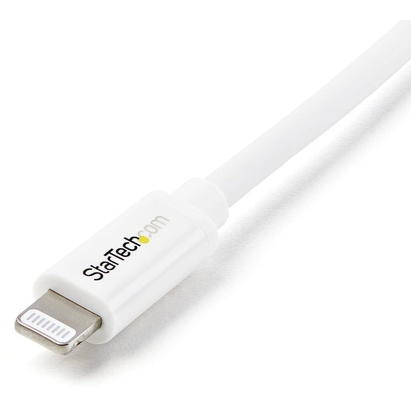 A StarTech.com 1m (3ft) White Apple 8-pin Lightning Connector to USB Cable for iPhone / iPod / iPad with an apple logo on it.
