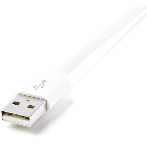 A StarTech.com 1m (3ft) White Apple 8-pin Lightning Connector to USB Cable for iPhone / iPod / iPad with an apple logo on it.