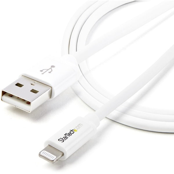 A StarTech.com 1m (3ft) White Apple 8-pin Lightning Connector to USB Cable for iPhone / iPod / iPad with an apple logo on it.