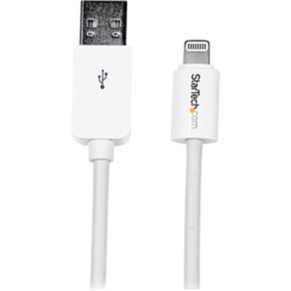 A white StarTech.com 2m (6ft) Long White Apple 8-pin Lightning Connector to USB Cable for iPhone / iPod / iPad connected to an iphone.