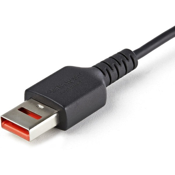 A black StarTech.com 3ft (1m) Secure Charging Cable connected to a white background.