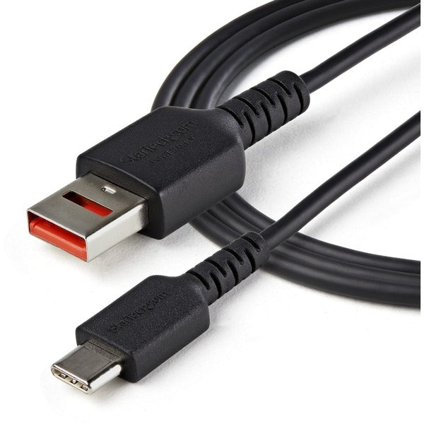 A black StarTech.com 3ft (1m) Secure Charging Cable connected to a white background.