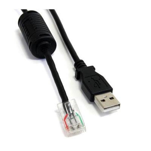 A black StarTech.com 6 ft Smart UPS Replacement USB Cable AP9827 connected to a computer with an RJ-45 male connector.