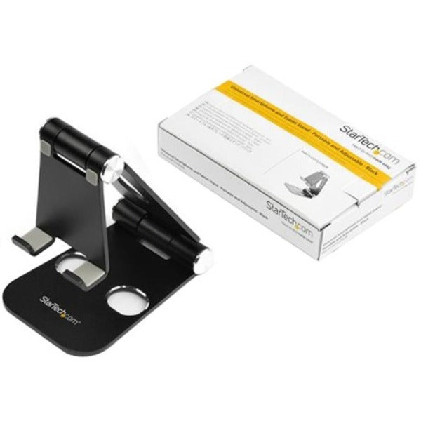 A StarTech.com Phone and Tablet Stand - Foldable Universal Mobile Device Holder - Smartphones/Tablets - Adjustable Cell Phone Stand for Desk with a metal stand.