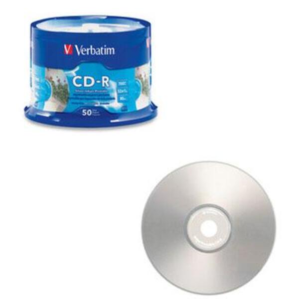 A Verbatim CD-R 700MB 52X Silver Inkjet Printable - 50pk Spindle with a printable silver surface on a white background.