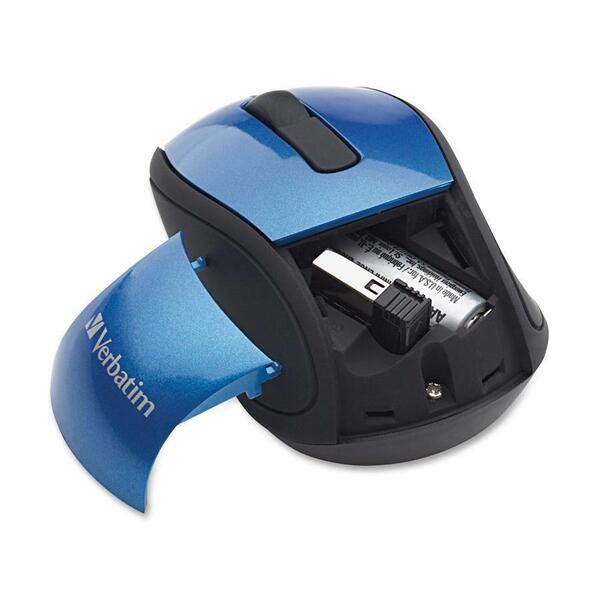 A Verbatim Wireless Mini Travel Optical Mouse - Blue with a usb cord.